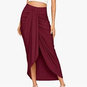 Women's Casual Slit Wrap Asymmetrical Elastic High Waist Maxi Draped Skirt. Red